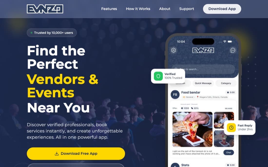 Evnzo — event-services marketplace (iOS & Android) preview